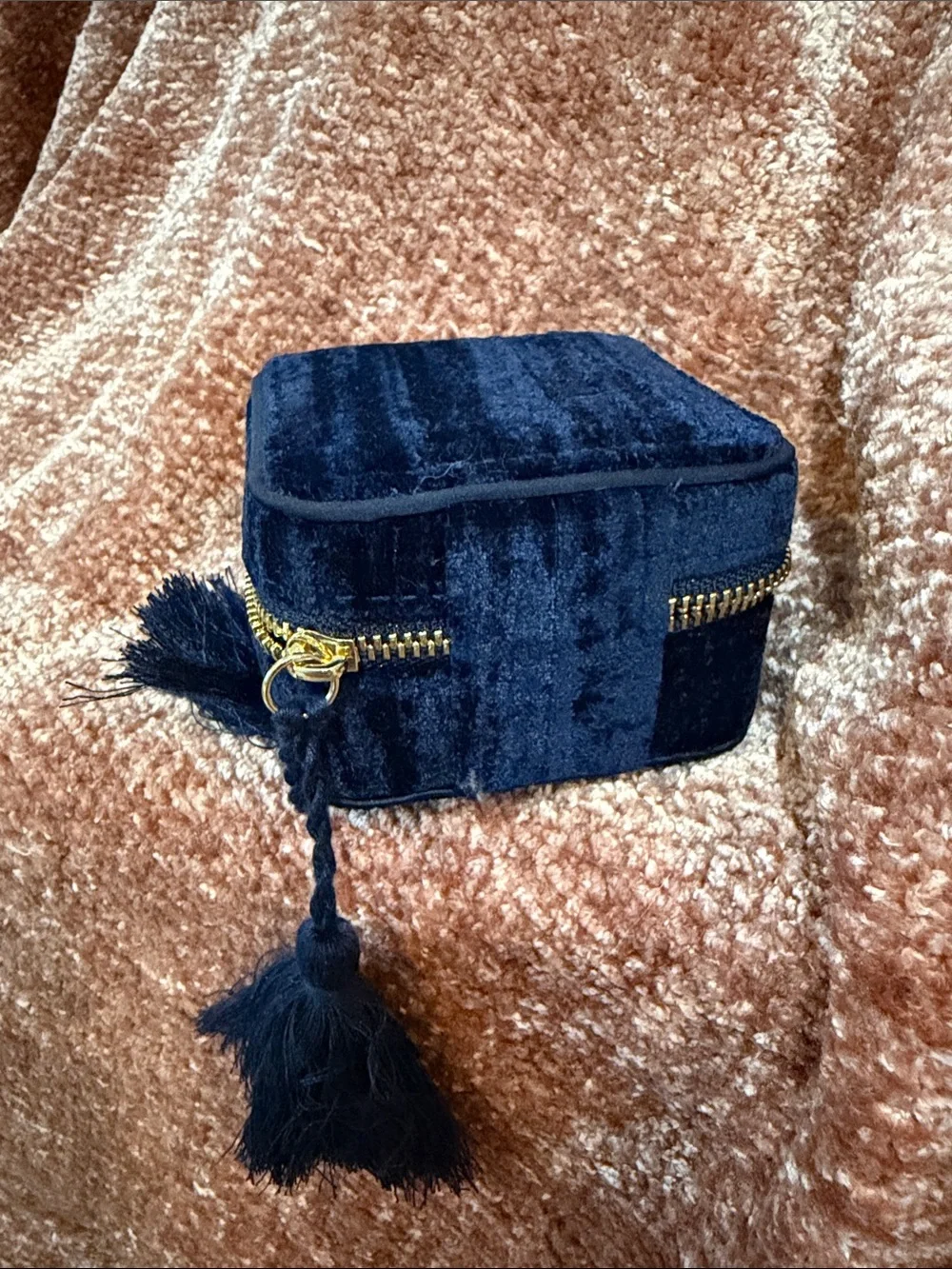 Sezane Navy Blue Velvet Travel Jewelry  Case with Gold Zipper Tassels NEW